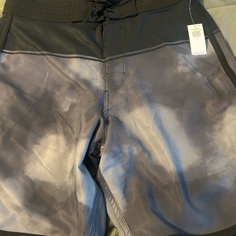 Old Navy Black and Gray Board Shorts with Adjustable Waistband